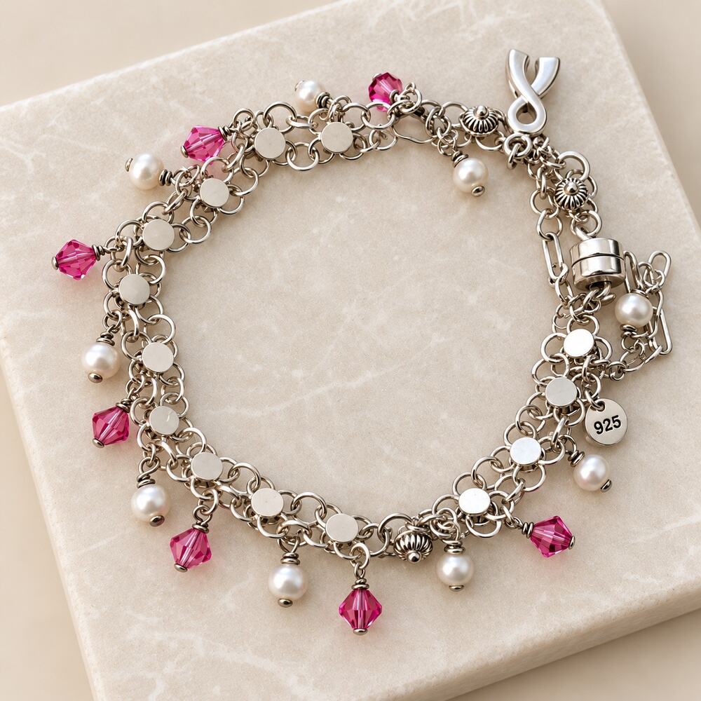 SK Designs Sterling Silver Pink Crystal & Pearl Bracelet with breast cancer